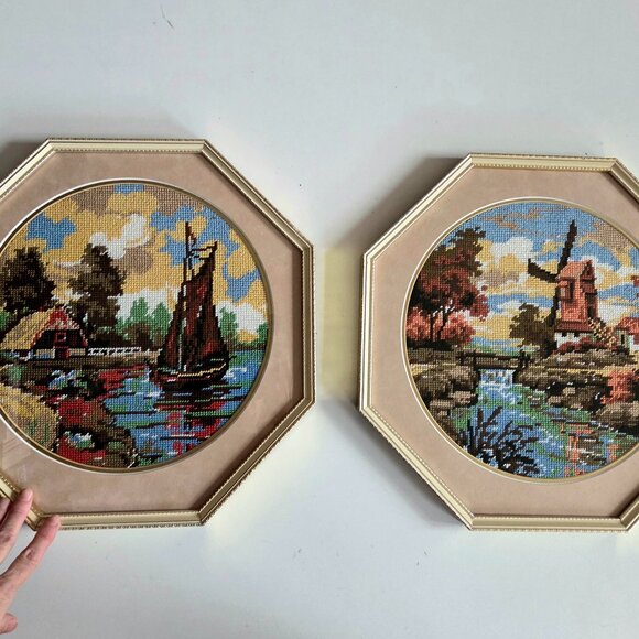 Set of 2 large vintage framed needlepoint cross stitch pictures. - Picture 1 of 6